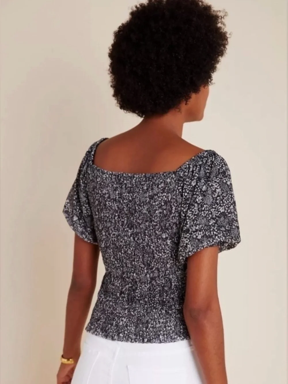 Anthropologie Aurelia Black & White Ditsy Floral Smocked Puff Sleeve Top EUC, XL